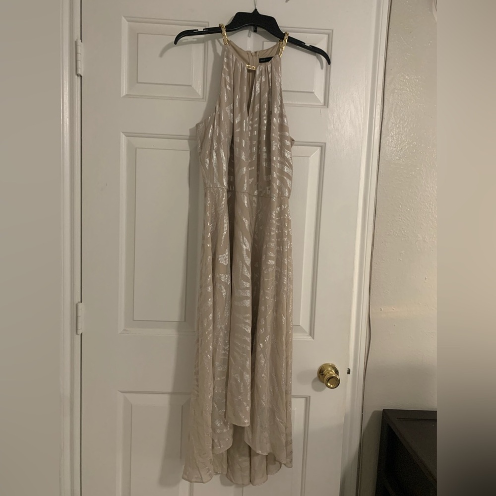 White House Black Market Beige Sparkle Semi Formal High Low Maxi Dress